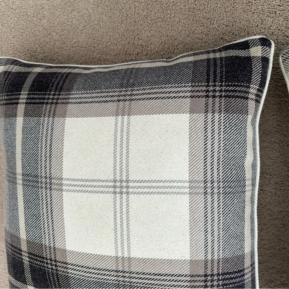 Set of 2 Plaid Black White & Tan Fall Throw Pillows with Down Feather Inserts